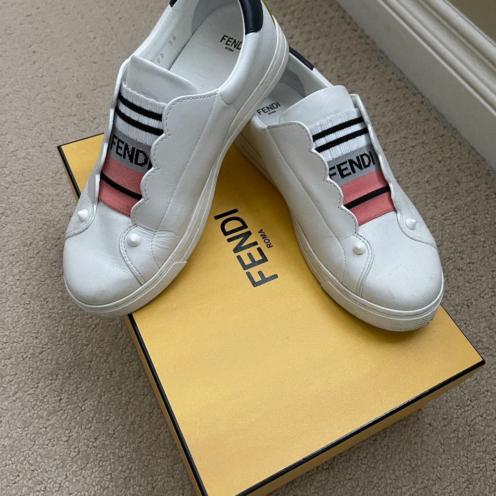 Fendi White Leather Slip-On Sneakers with Pink and Black Striped Elastic